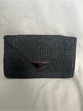 Woven Black Envelope Clutch with Triangular Metal Accent